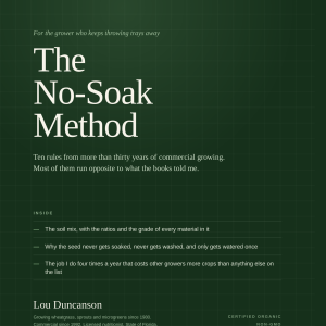 The No-Soak Method guide cover, ten rules for growing microgreens and wheatgrass without mold, by Lou Duncanson of Green Garden Organics