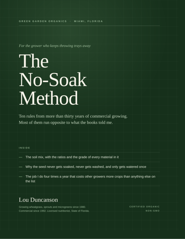 The No-Soak Method guide cover, ten rules for growing microgreens and wheatgrass without mold, by Lou Duncanson of Green Garden Organics