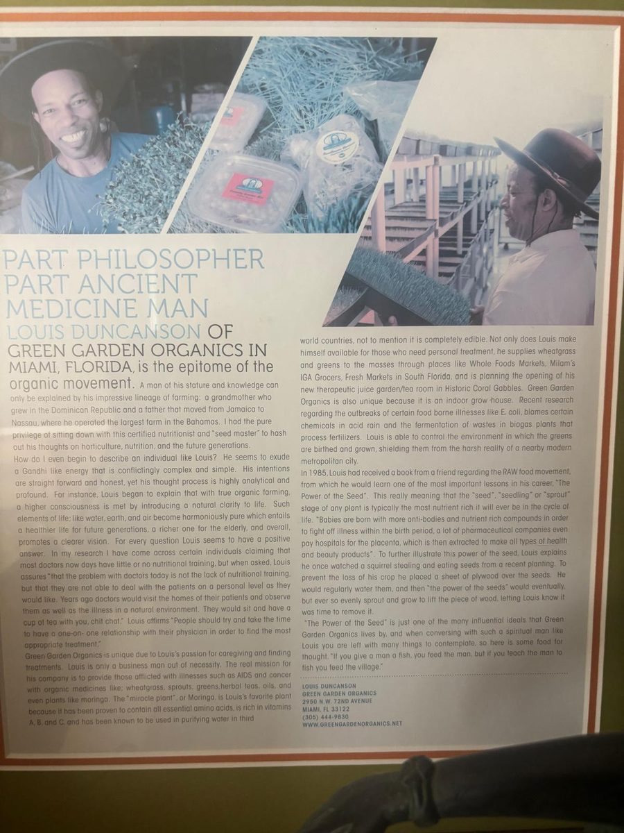 Framed magazine article headlined Part Philosopher, Part Ancient Medicine Man, profiling Louis Duncanson of Green Garden Organics